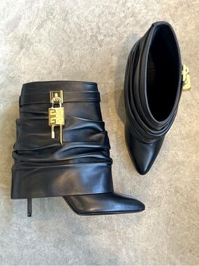 Givenchy Black Ruched Leather Pointed-Toe Ankle shark Boots with gold-tone lock